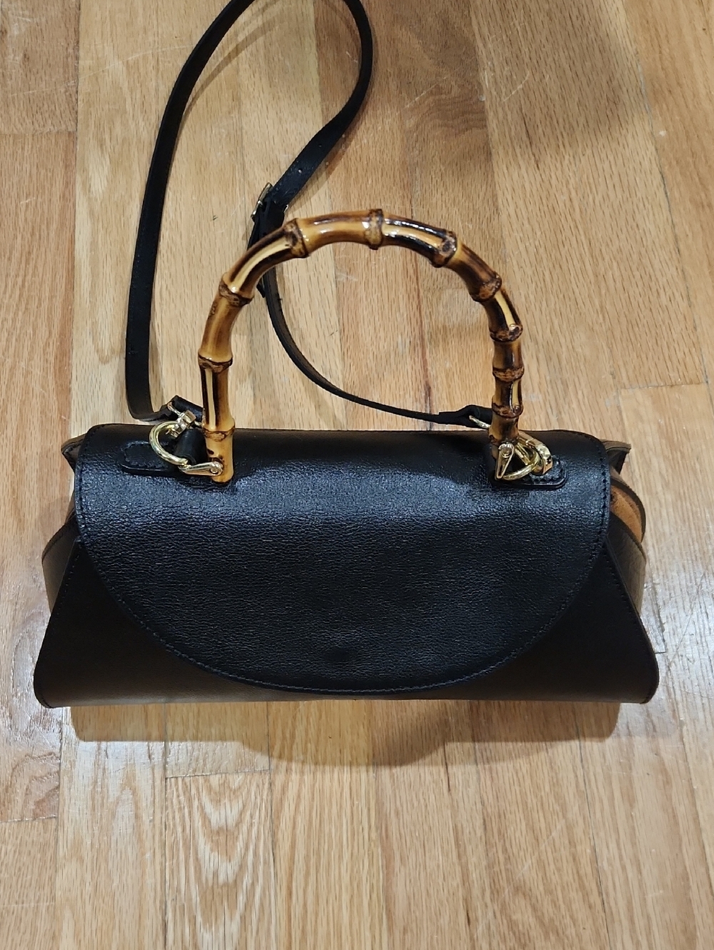 Divina Firenze Black Shoulder Bag with Bamboo Top Handle